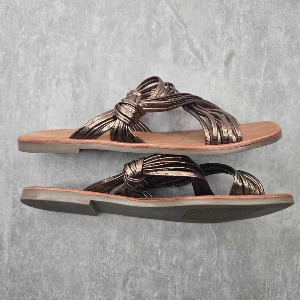 Anthropologie Matisse Slides Metallic Bronze Strappy Boho Chic Flat Greek Sandal - Picture 5 of 10